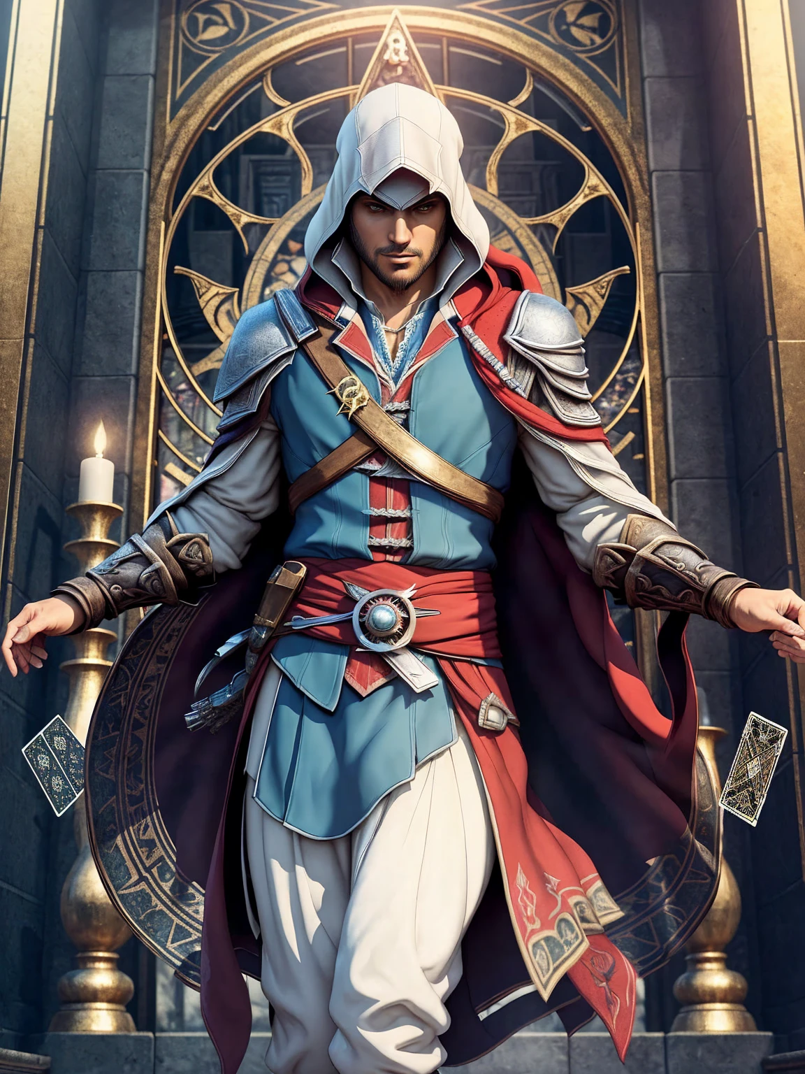 ((Tarot Card Style)); Ezio Auditore da Firenze (Assassin's Creed Character) in a stoic pose; ((Traditional Assassin's Creed outfit)); standing; Assassin's Creed style; ultrarealistic skin, ultrarealistic face; ultrarealistic body; ((ultrarealistic gold ornaments)); detailed skin; ultra detailed eyes; ultra detailed face; full body symmetrical with thick lines, Fibonacci, golden ratio, 3D metal structure tessellation, neural graphic, neurons, color, love, passion, incredibly detailed, 8k, masterpiece, artstation, surreal