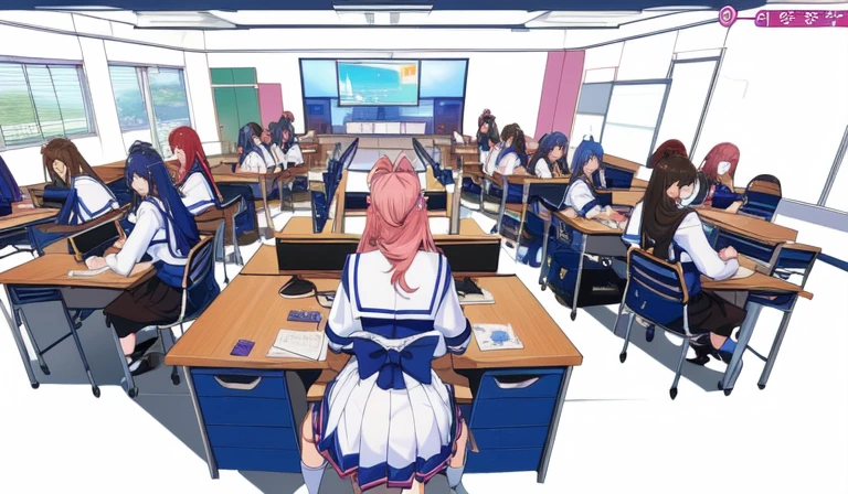 There are many girls sitting at desks in the classroom, Inspiration Gacha Club Game, Ecchi anime style, Visual novel cg, Cute Internet God, OPPEIN, Korean multiplayer online games, Popularity on pixiv, Game image, Korean multiplayer online gamesrpg, cyber school girl, ig studio anime style, <Multiplayer online role-playing game scenario, Visual novel, Hot game graphics, Anime maid riding an early car