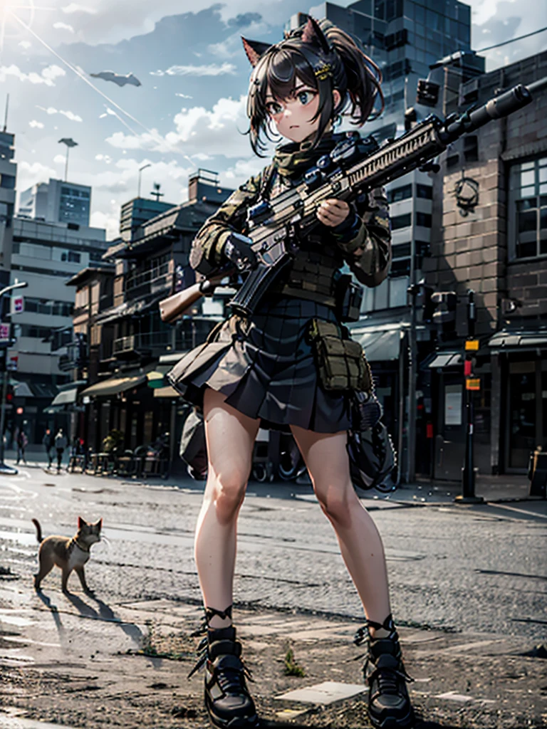 (((pixel-perfect, detail-perfect))),, lens flare, depth of field, (close-up:1.3), (wide shot, fisheye:0.85), facefocus, 1girl, standing, medium brown hair,cat ears,tail, ponytail, hair tie, blue eyes, serious, high school girl, pleated skirt, miniskirt, (using weapon, using rifle, aiming, aim:1.2), gun, h&k hk416, carbine,, cloudy sky, city, street