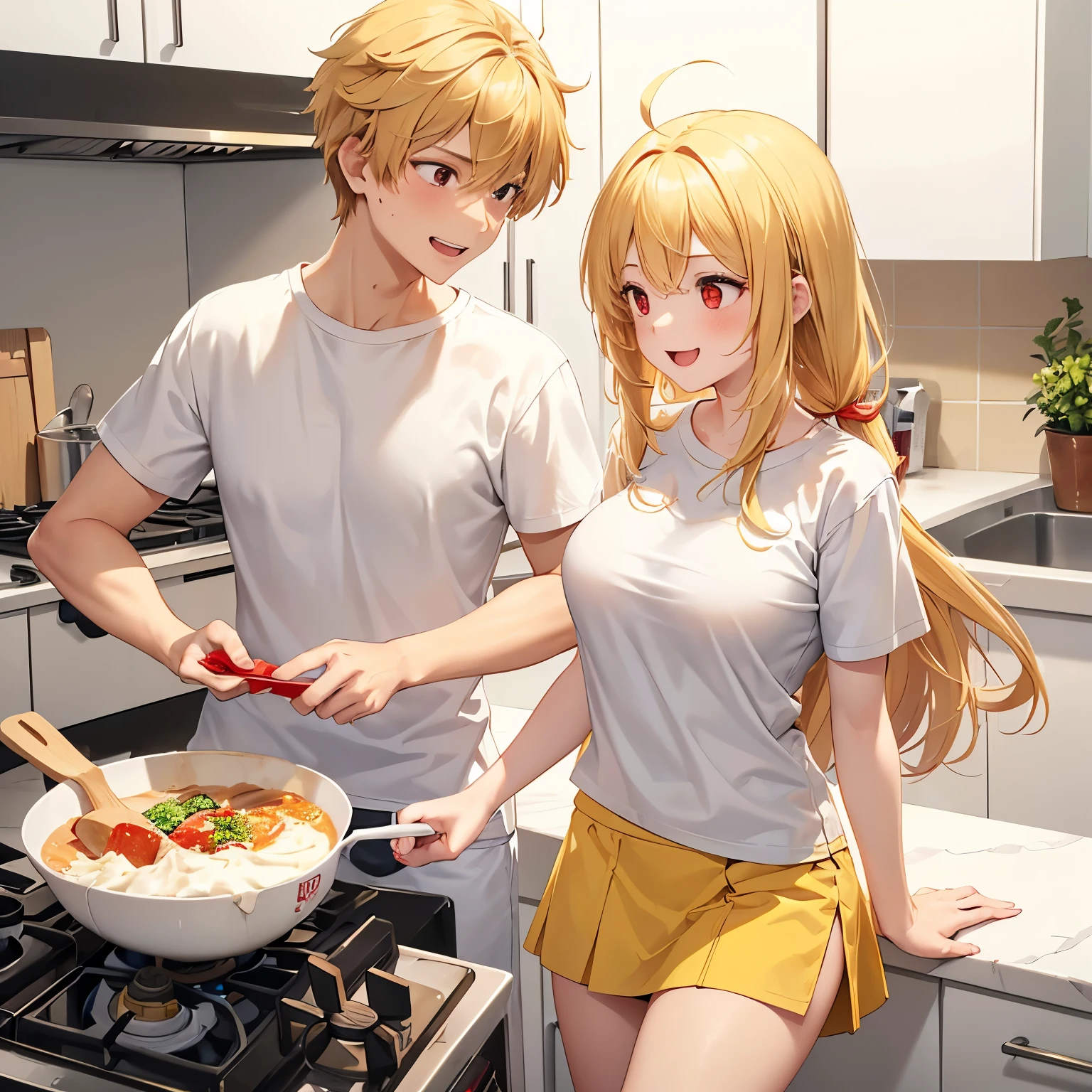 Couple,boy and girl,Joking,looking away,Cooking together in the kitchen, smile(girl with long blonde hair,White t-shirt, yellow mini skirt,, big breast, red eyes)(boy with short blonde hair,white t-shirt, white trousers, red eyes, messy hair)