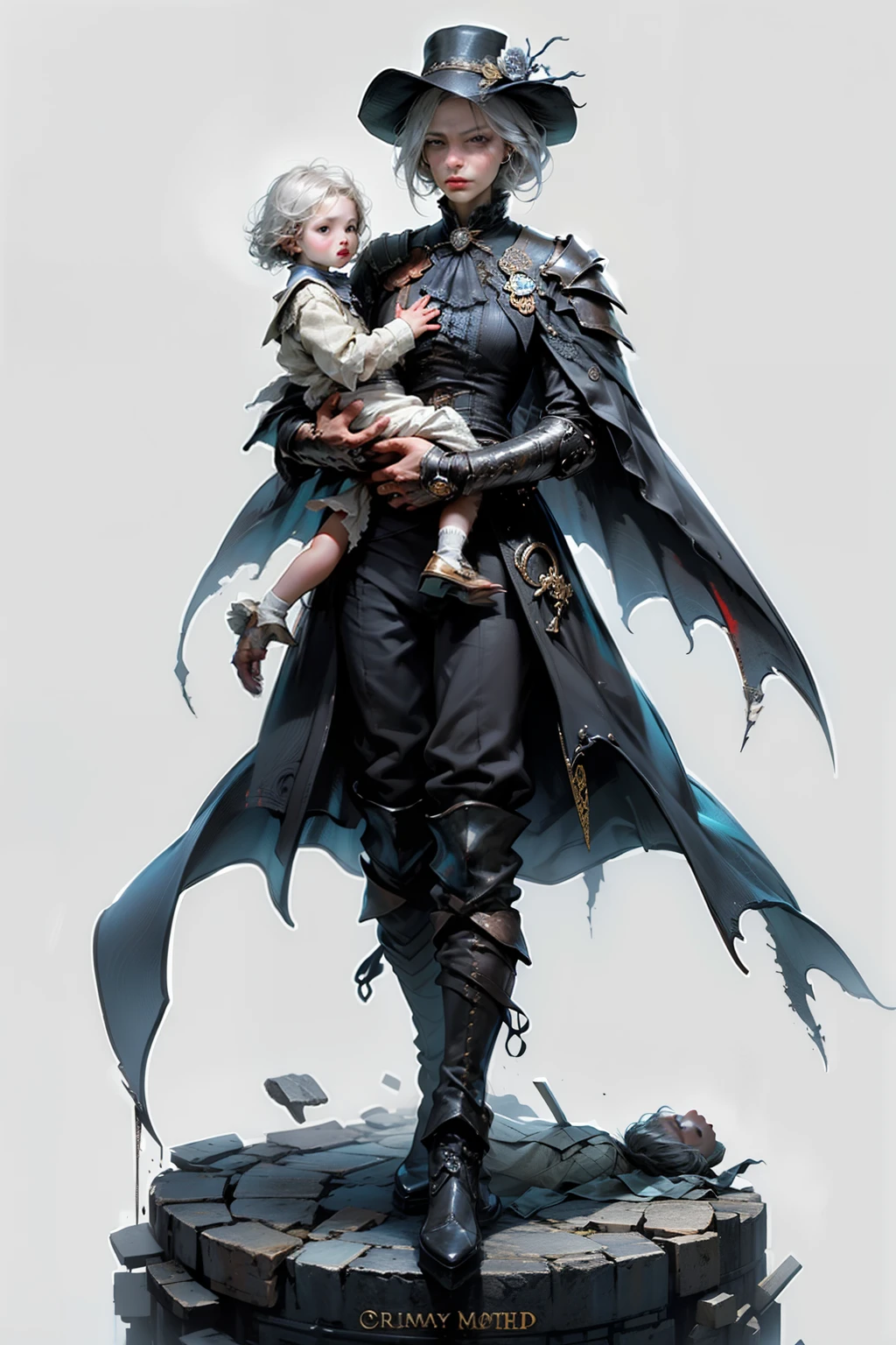 ((best quality)), ((masterpiece)), (detailed), perfect face, a mother cradling her child, a female knight, white background, plain background, Bloodborne inspired, Bloodborne attire, occult aesthetic, occult, red and white clothing detailed and intricate steampunk and detailed gothic, long coat, Complex laced boots, Silver hair swaying in the wind, white background, Very dramatic and cinematic lighting, full body, whole body, body, cosmic horror, grim dark, a mother cradling her , mother, , mother and , woman and
