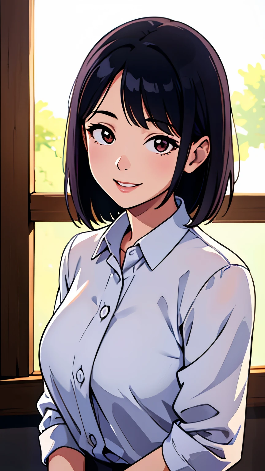Woman looking this way、(highest quality, Natural light)、Stylish, detailed background, Smile、Gentle expression、shirt