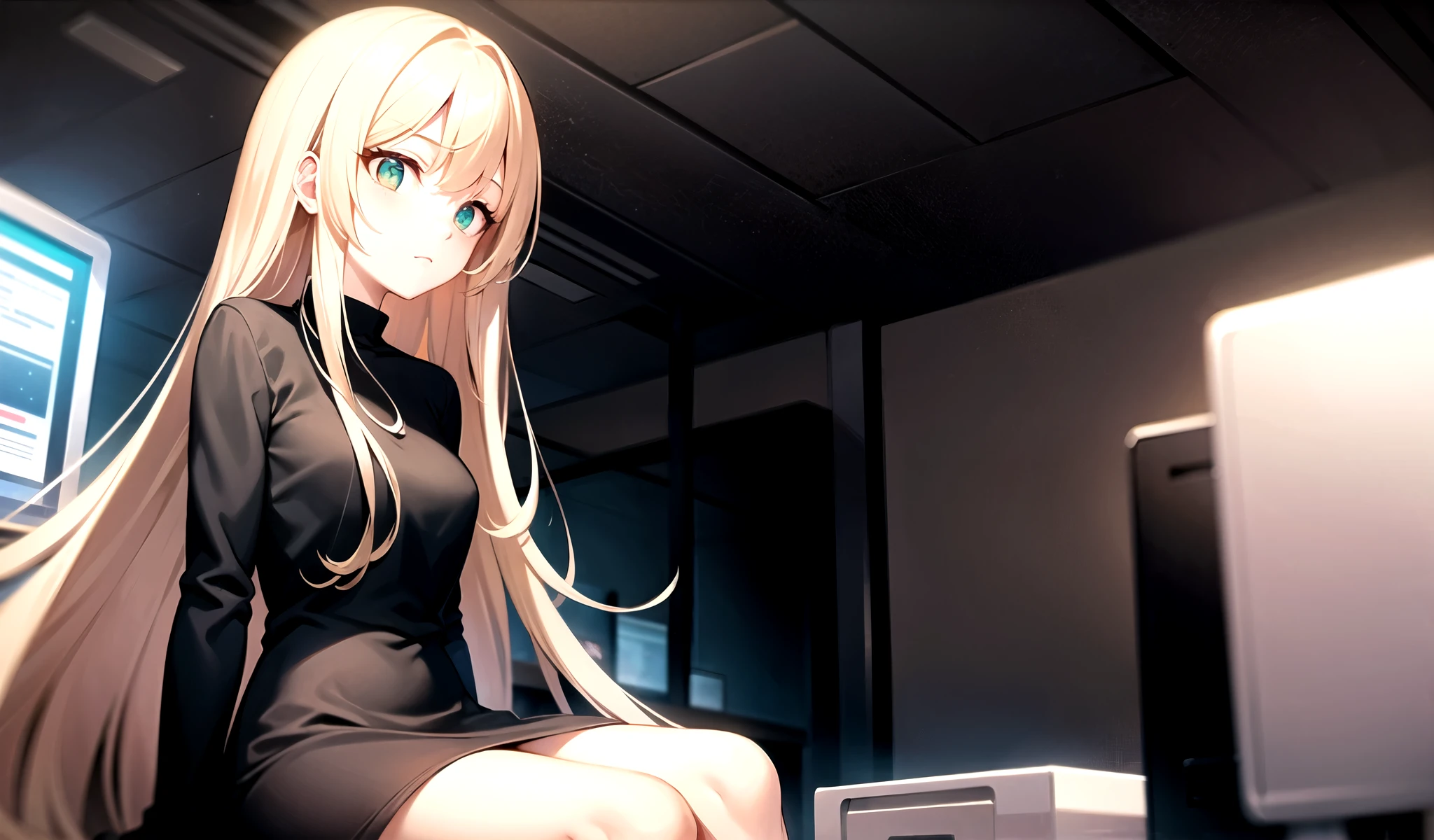 Long straight hair, bangs, light yellow hair, light green eyes, dress sitting in front of the computer, black dress