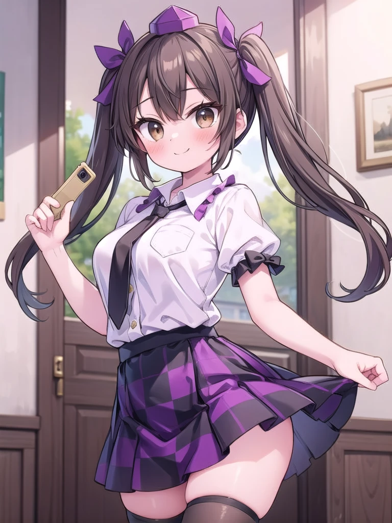 1girl, masterpiece, best quality, perfect hands, himekaidou hatate, brown hair, white shirt, black necktie, twintails, brown eyes, tokin hat, checkered clothes, hair ribbon, purple checkered skirt, phone, purple headwear, puffy short sleeves, smile, long hair, bangs, collared shirt, purple ribbon, miniskirt, blush, black thighhighs