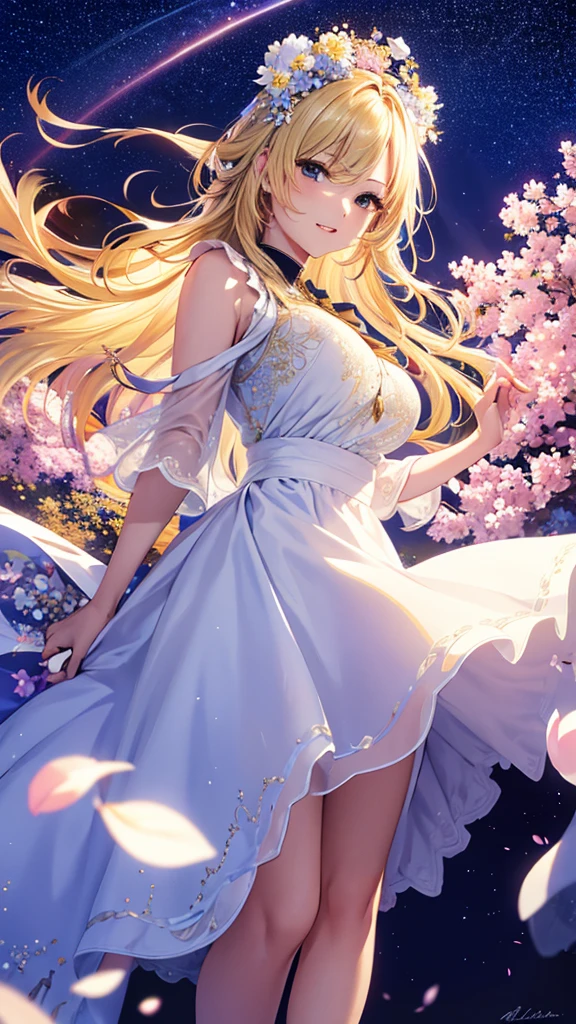 masterpiece, high quality, 4K, Beautiful design, silhouette，blonde， 非常に詳細な夜のStarry Sky,Colorful flower fields， wonderful, Finer details,  Very knowledgeable woman, Highly detailed solo, 1 female,Big Breasts， Pure white dress，Night view，Starry Sky，Flying petals，