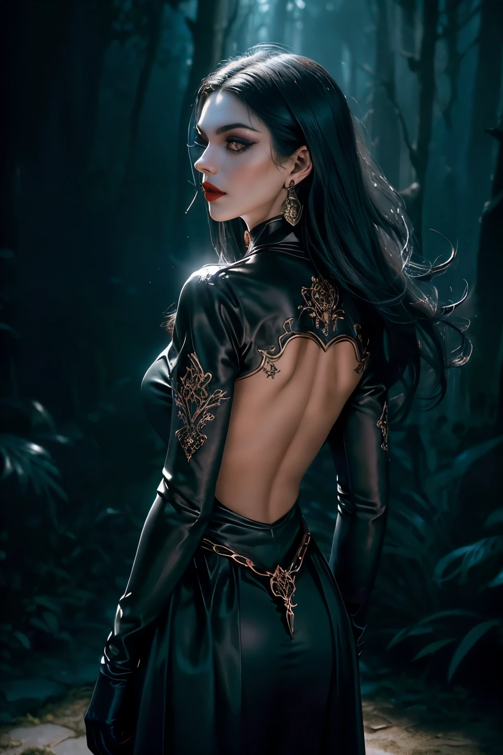 (Bela pintura de uma vampira perfeita com uma figura esbelta e seios grandes,) informe, cabelos longos fluindo suavemente ao redor dela, (Perfect features accentuated by striking makeup), (vestindo um espartilho de vampiro barroco extremamente ornamentado e intricado), (positioned in a captivating cowboy photo with a touch of mystery), (abstract beauty with near perfection and a sense of pure form), (dynamically posed amid an ethereal background), (deep dark shadows adding depth and drama to the scene), (strong cinematic lighting illuminating your features), (Back lighting highlighting the texture and details of your outfit), (conceito