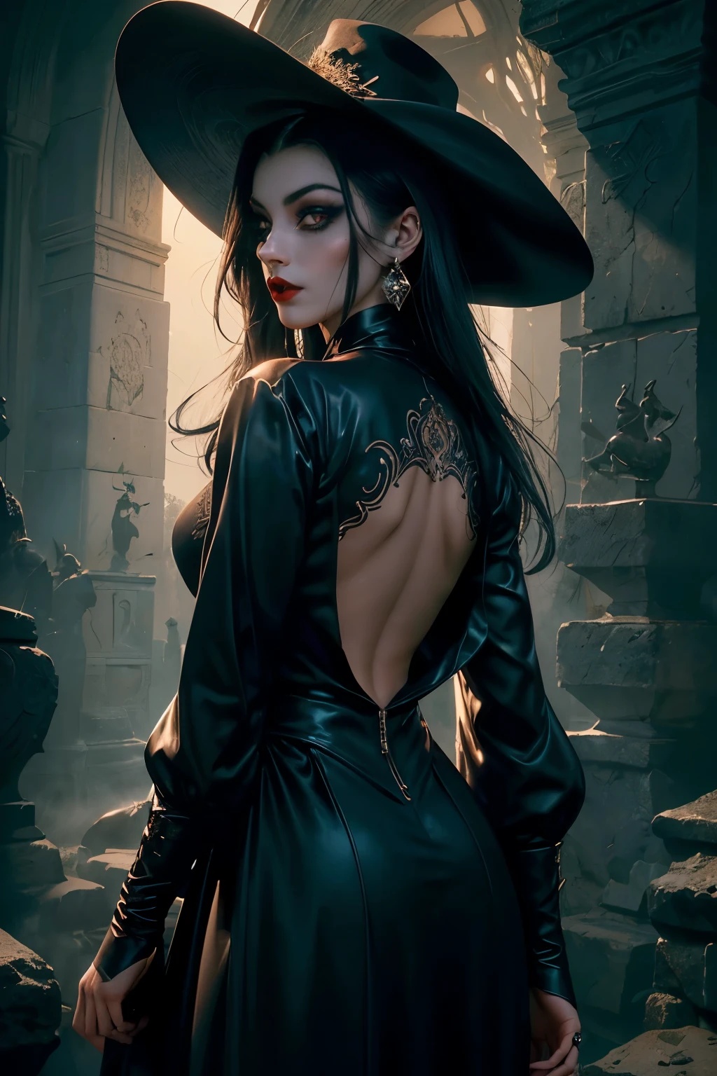 Detailed gothic comics of a beautiful gothic woman, not in the style of Morgana, Alter ego of darkness, Noir art, Sexy witch, anthropomorphic female figure, Comic book art, Akin to the witch of the dead, Alphonse Mucha-inspired, Gustav Klimt-esque, Azure-skinned, An alien probing the witch with its tentacles, Gothic masterpiece, Provoking an aura of mystery and allure.
The comic's panels display the enchanting beauty of the gothic woman, her long, wavy hair cascading down her back like a dark waterfall. Her en