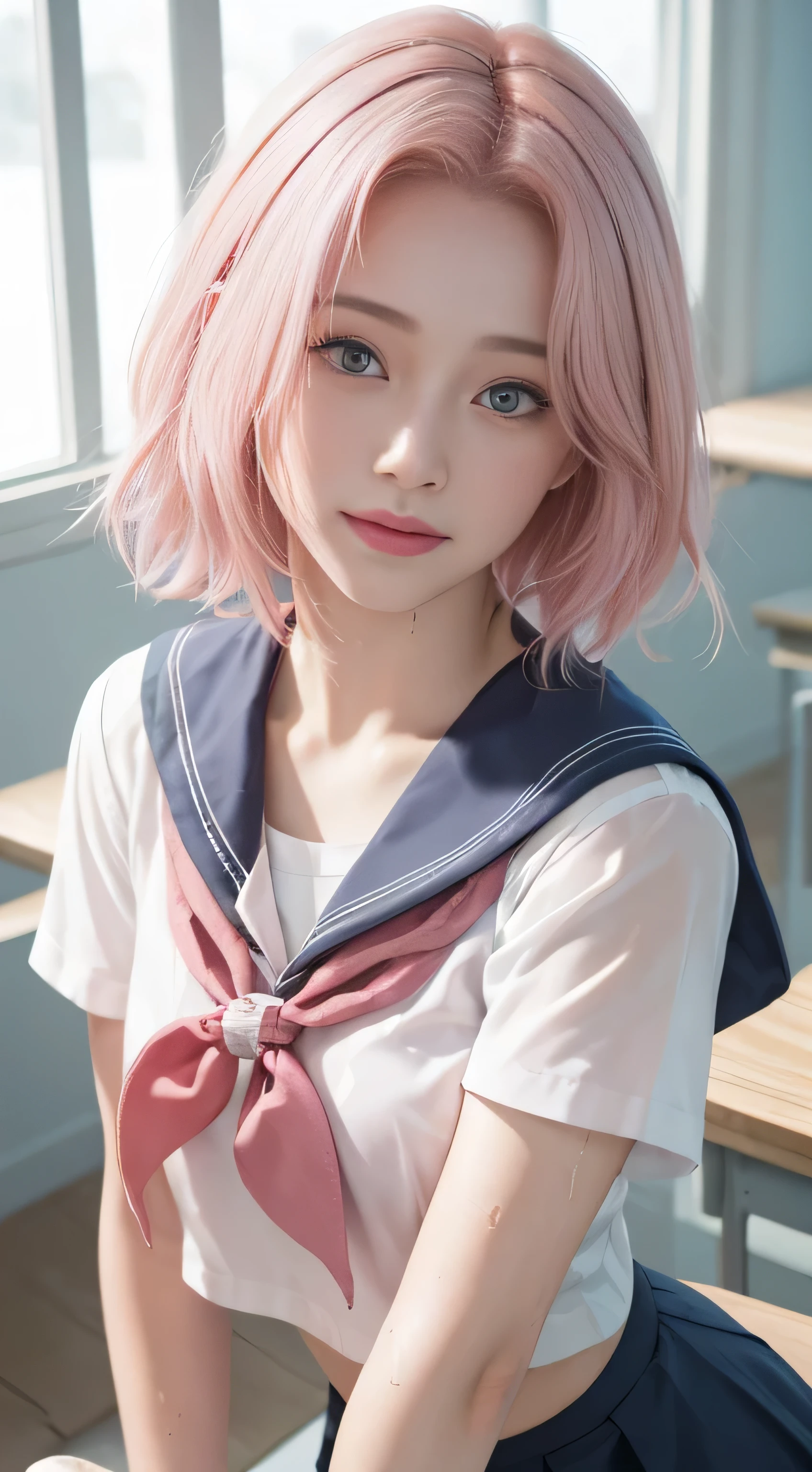 masterpiece, best quality, (realistic,photo-realistic:1.4), (RAW photo:1.2), extremely detailed CG unity 8k wallpaper, delicate and beautiful, amazing,finely detail, official art, absurdres, incredibly absurdres, huge filesize, ultra-detailed,extremely detailed eyes and face,light on face,(little smile)sakura haruno,(pink hair hair:1.4),(short hair:1.4),(wearing sailor uniform:1.4),nature,classroom,(wet body:1.4),windows