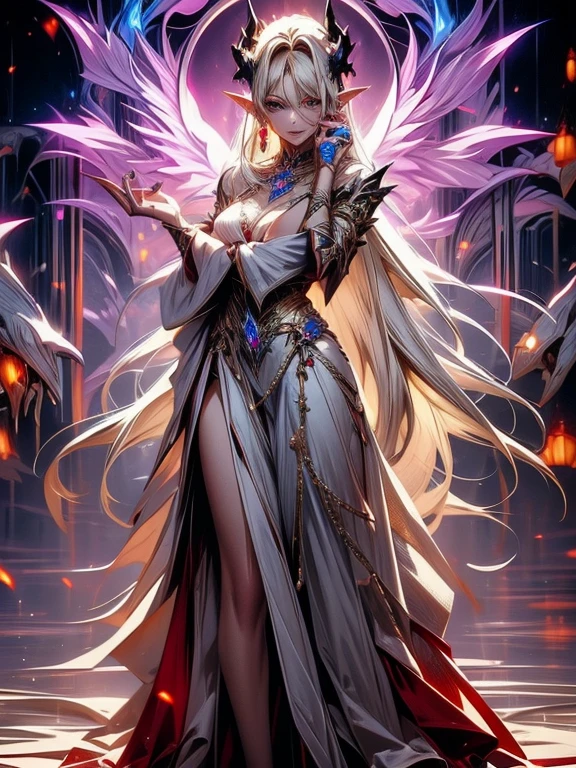 (anime face) (complex clothing details) (best quality) (masterpiece) female adult elf with dark blonde hair wearing a beautiful glowing dress with demonic Accessoires and gemstones and silver armor details, wearing a beautiful glowing dress with demonic Accessoires and gemstones and black silver armor details, demon horns, purple armor, full body, wizard dress, elven dress, female adult elf with dark blonde hair wearing a beautiful glowing dress with demonic Accessoires and gemstones and  silver armor details 