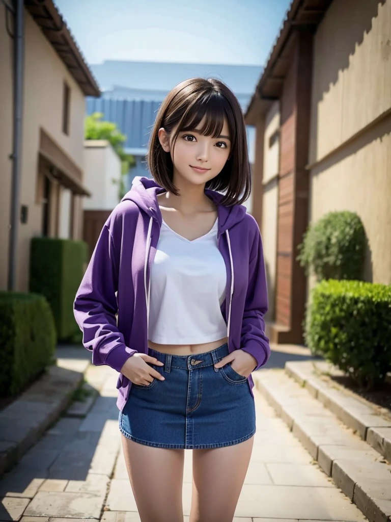 (8k, RAW Photos, highest quality), Stand in the classroom of school, (((((((One woman))))))), ((Brown Hair)), ((Short Bob Hair)), ((Detailed eyes)), ((Long, slender legs)), ((smile)), (((Purple hoodie))), ((Denim micro mini skirt)), Asymmetrical bangs, 少しのsmile, Thighs, knees, ((Put your hands on your hips and stick out your chest)),pretty girl,Slender girl