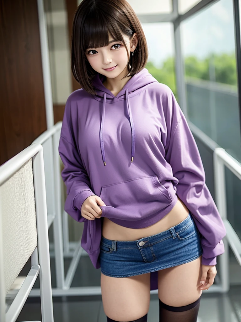 (8k, RAW Photos, highest quality), Stand in the classroom of school, (((((((One woman))))))), ((Brown Hair)), ((Short Bob Hair)), ((Detailed eyes)), ((Long, slender legs)), ((smile)), (((Purple hoodie))), ((Denim micro mini skirt)), Asymmetrical bangs, 少しのsmile, Thighs, knees, ((Put your hands on your hips and stick out your chest))，pretty girl，Slender girl