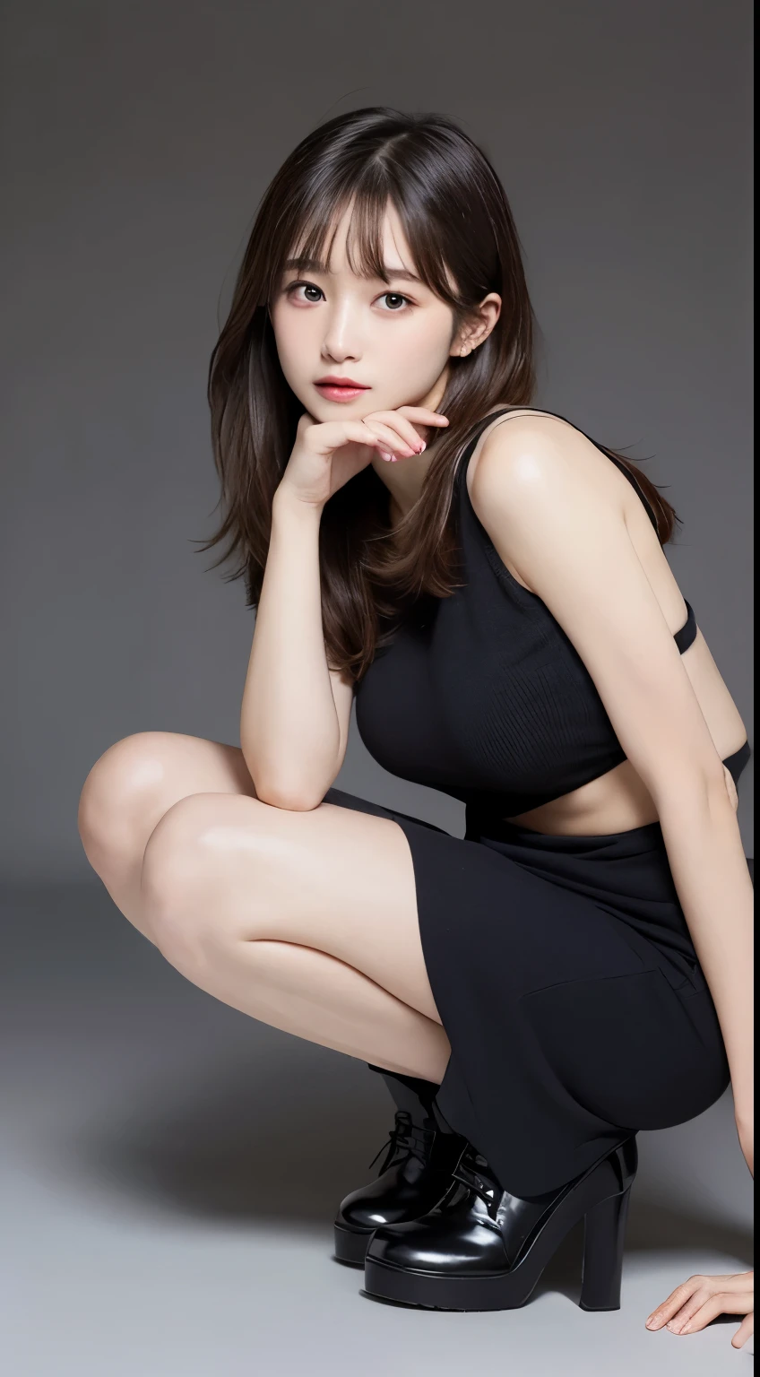 finely detail, hight resolution, hightquality、Perfect dynamic composition, Beautiful detailed eyes, Medium Hair, 、Natural Color Lip,Kamimei、Shibuya、20 years girl、1 persons、Transparent skin、Glowing hair、masutepiece, Best Quality, Illustration, Ultra-detailed, finely detail, hight resolution, 8K、The correct state of the human body、crouching down、model poses