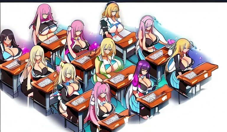 There are many girls sitting at desks in the classroom, Inspiration Gacha Club Game, Ecchi anime style, Visual novel cg, Cute Internet God, OPPEIN, Korean multiplayer online games, Popularity on pixiv, Game image, Korean multiplayer online gamesrpg, cyber school girl, ig studio anime style, <Multiplayer online role-playing game scenario, Visual novel, Hot game graphics, Anime maid riding an early car(((Large Breasts、Breast sagging、Low-cut，Cleavage，Wide hips,)))((Long legs)),Hourglass figure))