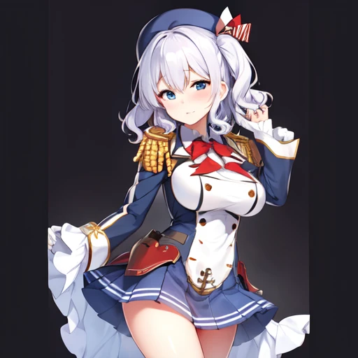 (masterpiece, best quality:1.2),giggle,A hand touched his chest,illustration,8K,HD,1 girl,solitary,portrait,blush,white hair,blue eyes,curls,Double tail,Berets,Epaulettes,Ruffled sleeves,Jacket,Large Breasts,Long sleeve,,mini skirt,Pleated Skirt,Red tie,White gloves,anchor,Solid color background