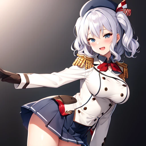 (masterpiece, best quality:1.2),giggle,A hand touched his chest,illustration,8K,HD,1 girl,solitary,portrait,blush,white hair,blue eyes,curls,Double tail,Berets,Epaulettes,Ruffled sleeves,Jacket,Large Breasts,Long sleeve,,mini skirt,Pleated Skirt,Red tie,White gloves,anchor,Solid color background