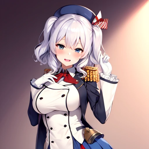 (masterpiece, best quality:1.2),giggle,A hand touched his chest,illustration,8K,HD,1 girl,solitary,portrait,blush,white hair,blue eyes,curls,Double tail,Berets,Epaulettes,Ruffled sleeves,Jacket,Large Breasts,Long sleeve,,mini skirt,Pleated Skirt,Red tie,White gloves,anchor,Solid color background