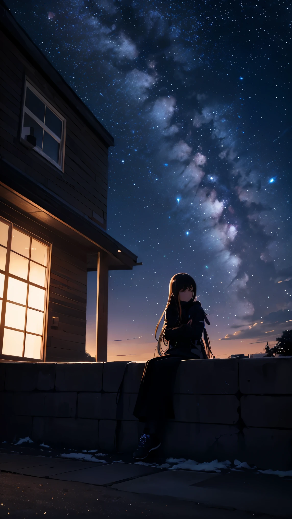 Octane, null, star (null), scenery, starry null, night, One girl, night null, alone, Outdoor, building, cloud, milky way, Sitting, wood, Long Hair, city, silhouette, cityscape