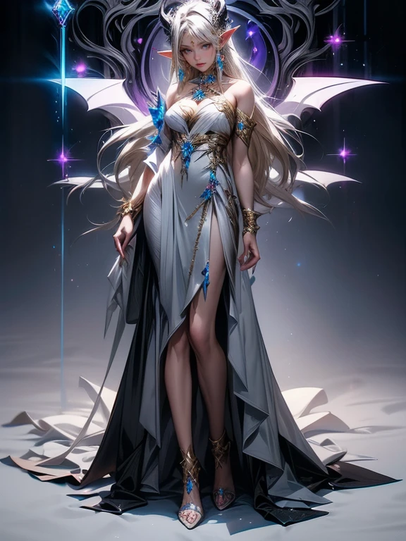 (anime face) (complex clothing details) (best quality) (masterpiece) female adult elf with dark blonde hair wearing a beautiful glowing dress with demonic Accessoires and gemstones and silver armor details, wearing a beautiful glowing dress with demonic Accessoires and gemstones and black silver armor details, demon horns, purple armor, full body, wizard dress, elven dress, female adult elf with dark blonde hair wearing a beautiful glowing dress with demonic Accessoires and gemstones and silver armor details