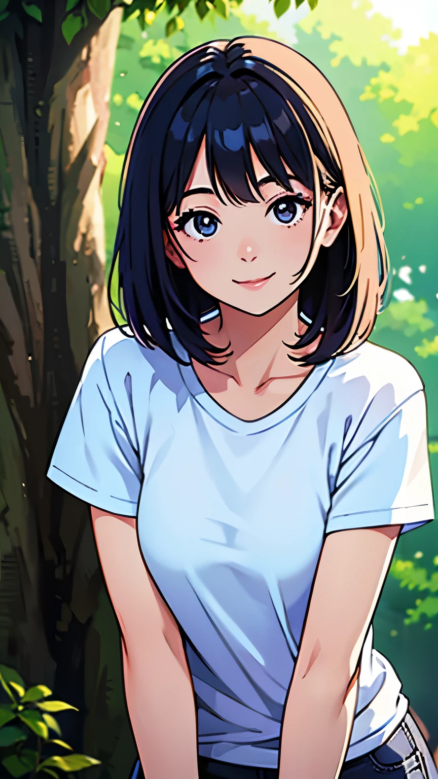 Woman looking this way、(highest quality, Natural light)、Stylish, detailed background, Smile、Gentle expression、T-Shirts