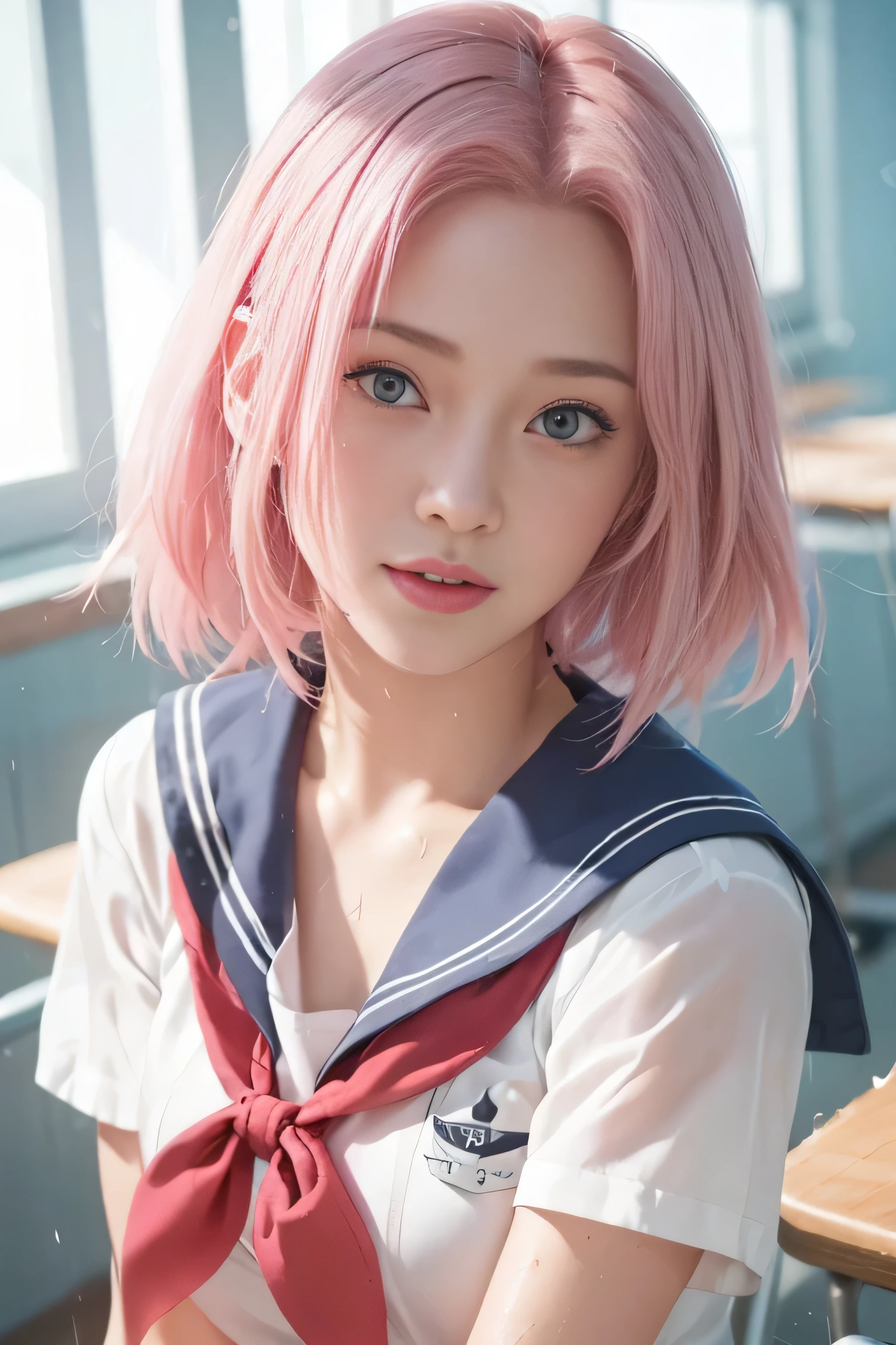 masterpiece, best quality, (realistic,photo-realistic:1.4), (RAW photo:1.2), extremely detailed CG unity 8k wallpaper, delicate and beautiful, amazing,finely detail, official art, absurdres, incredibly absurdres, huge filesize, ultra-detailed,extremely detailed eyes and face,light on face,(little smile)sakura haruno,(pink hair hair:1.4),(short hair:1.4),(wearing sailor uniform:1.4),nature,classroom,(wet body:1.4),windows
