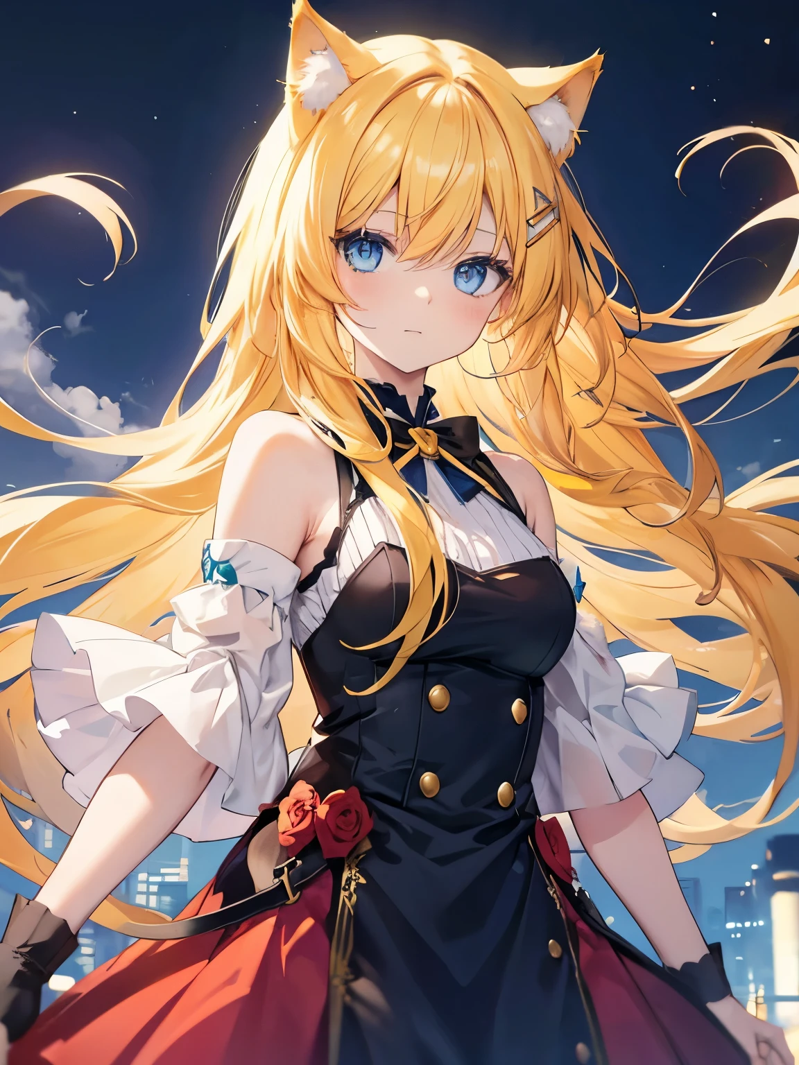 Anime cat girl with long yellow hair and blue eyes