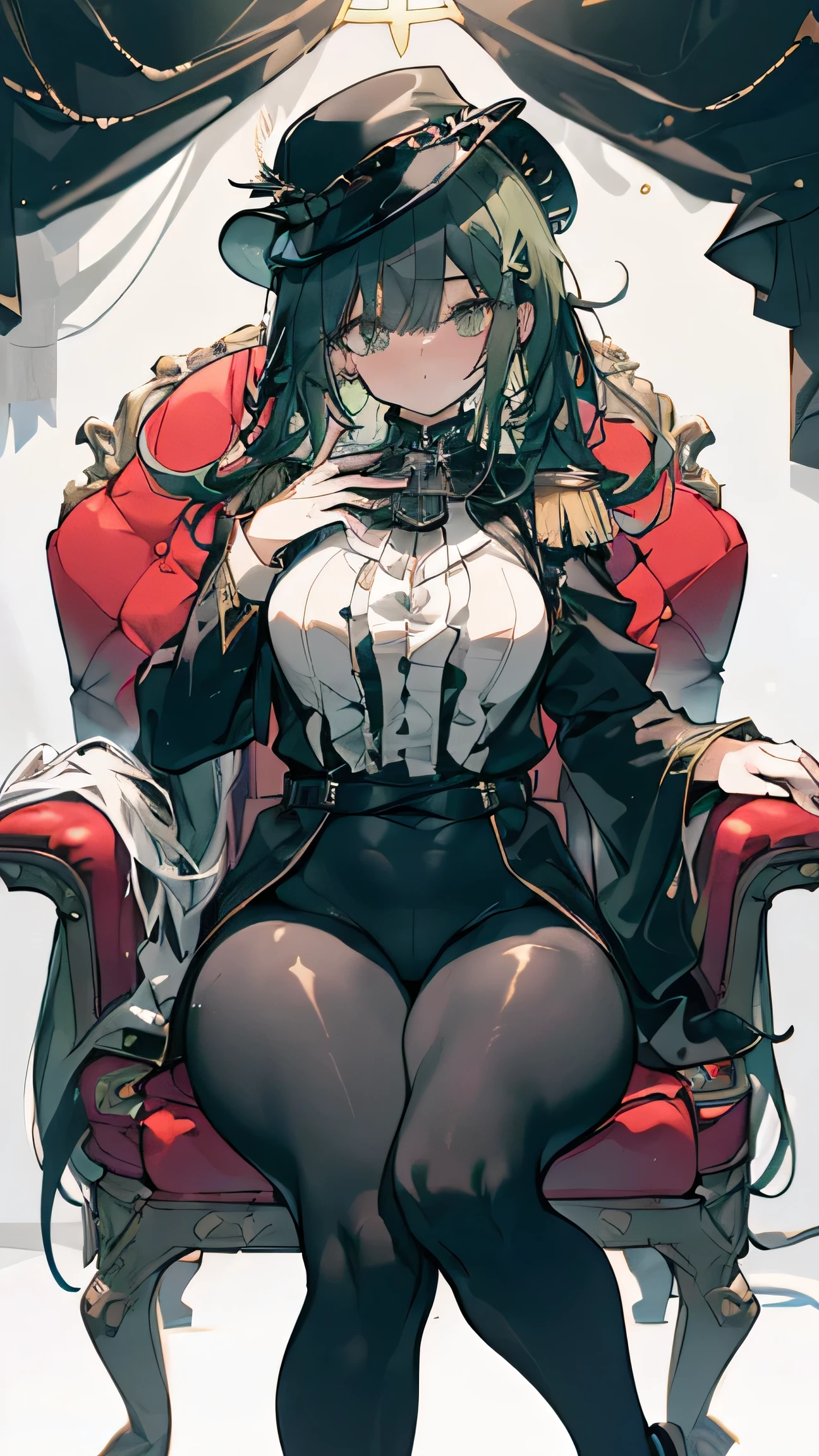 ,(Imperial background, chair, sedentary:1.5) (big ass, thick thighs:0.7), (warm light source:1.2), intricate details, volumetric lighting, Realism BREAK(masterpiece:1.2), (top quality), 4K, ultra detail, (Dynamic configuration:1.4), Very detailed and colorful details,(rainbow colors:1.2), (shining lights, atmospheric lighting), dreamy, magical, (alone:1.2), intricate details, cheeky expression, (big breasts:1.5), (green eyes:1.5), (a devastated expression, dead eyes, dark atmosphere:1.5), (Green long hair:1.5), (shoes, black uniform, Her clothes are equipped with armor, Small hat,Black leggings:1.5), ( thick thighs,thick ass:1.5), (beautiful eyes, flushing:1.5),(human ear,thin legs:1.5),(chair에 sedentary, diagonal shot,chubby:1.5), (embarrassing:1.5),(Cross one leg and sedentary:1.5)