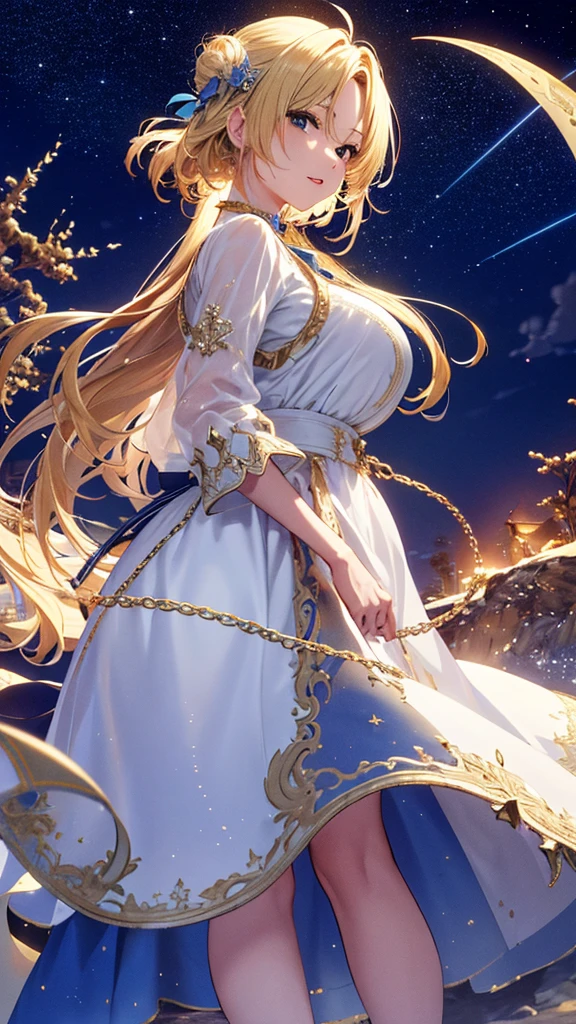 masterpiece, high quality, 4K, Beautiful design, silhouette,blonde, 非常に詳細な夜のStarry Sky,Glass Kingdom,Glass World,Glass Castle, wonderful, Finer details, Very knowledgeable woman, Highly detailed solo, 1 female,Big Breasts, Pure white dress,Night view,Starry Sky,