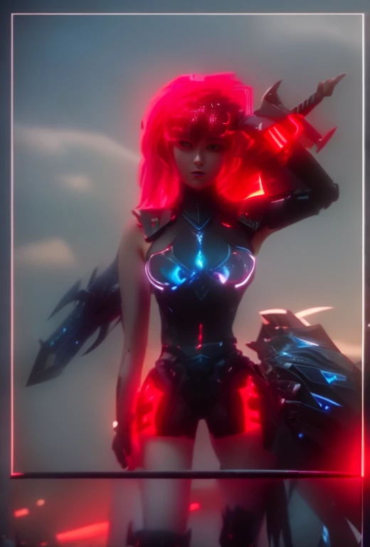 a ultra beautiful girl, with a black techno fantasy armor and a great sword in the back, cute, 12k, uhd, photorealistic, red lights decourations, black short hairs, ((european race)), (ultra beautiful gorgeous realistic), naked belly and (naked arms)