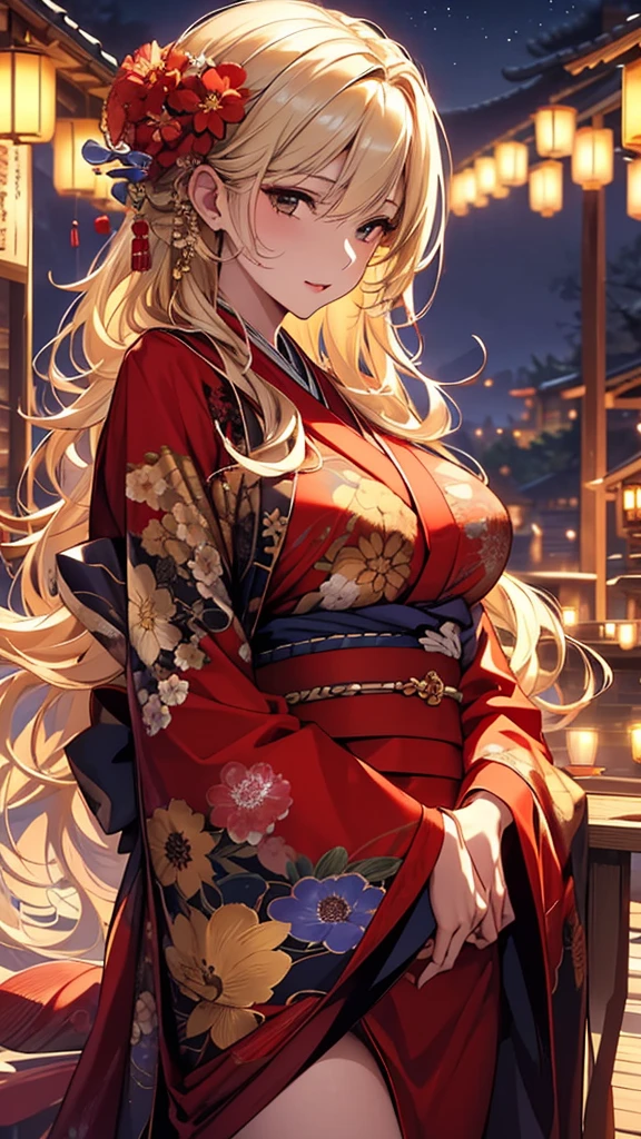 masterpiece, high quality, 4K, Beautiful design, silhouette,blonde, 非常に詳細な夜のStarry Sky,Flower Field, wonderful, Finer details, Very knowledgeable woman, Highly detailed solo, 1 female,Big Breasts,Red colored kimono,Night view,Starry Sky,full moon,