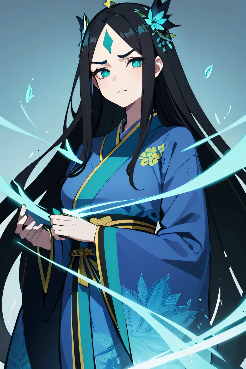 1girl, anime woman, tall woman, mature woman, long straight black hair, visible forehead, neon cyan eyes, cracked doll face, blue kimono with green patterns, blue butterflies surrounding her, green leaf crown, green leaf halo, calm expression, evil eyes, blank background, sharp eyes, narrow eyes, psychotic expression, small smile, neutral eyebrows