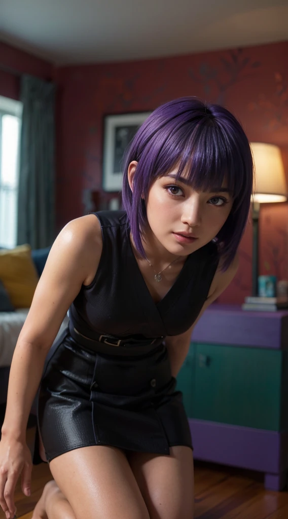 (((Venus Hum))) (((Purple hair))) half-figure shot of a woman, night city background, photo realistic, 8k