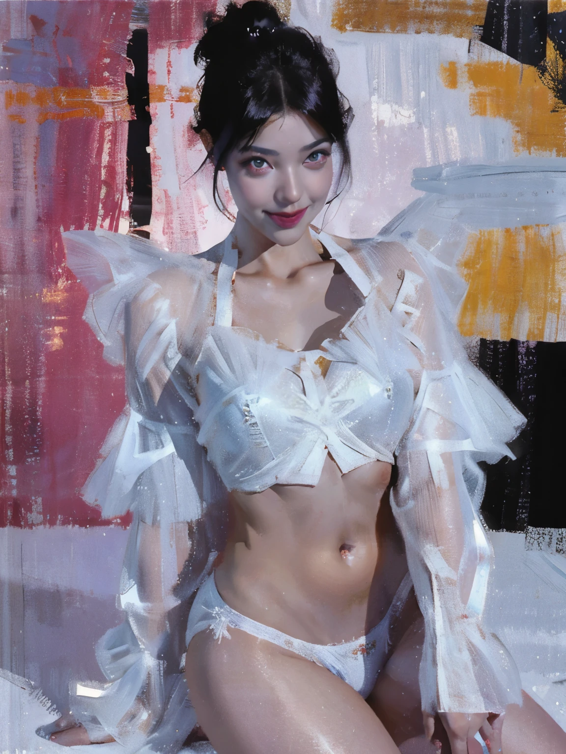 Beautiful girl, looking towards you and smiling, beautiful black hair, very detailed face and skin, full body description, transparent white underwear, beautiful eyes, ((minute eyes)), long eyelashes, full lips, realistic design, cinematic composition, vivid colors, glittering night view of Hong Kong in the background, digital painting, 8K, photorealistic, realistic texture,