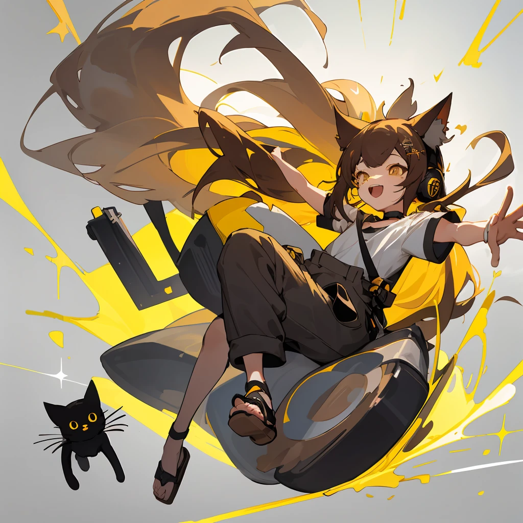 Brown long hair。She has a large round yellow hair ornament on her left side.。Her eyes are sparkling yellow。Features long lashes。
What to wear、White short-sleeved T-shirt。Grey short overalls。On her feet she wears black cat sandals.。Wearing cat ears。On the neck「Pi」She is wearing a black choker with the words。He also wears large black headphones.。
The background is the digital world。Digital effects glow in the darkness。She falls from the sky。They are laughing so happily.。Her long brown hair brings out her powerful charm.。