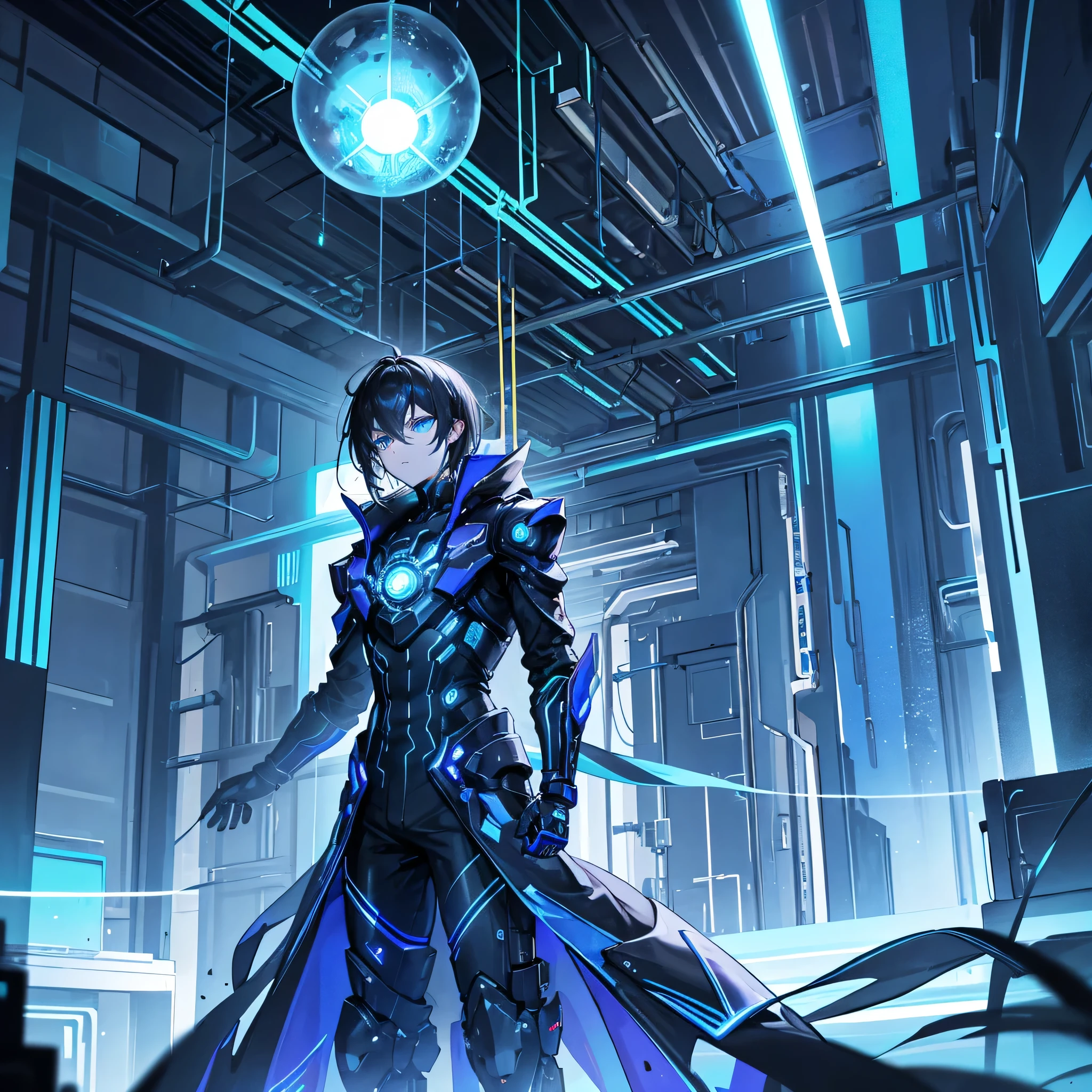 In a futuristic and high-tech laboratory, a 25 year old young guy with striking, glowing blue eyes and tousled dark hair stands confidently at the center. The individual is dressed in a black, futuristic outfit adorned with charismatic glowing blue accents, including a prominent, glowing pendant and tech gadgets. Behind them, a large, intricate machine with glowing elements and a clock-like structure creates a dramatic backdrop. The laboratory is filled with advanced technology, holographic screens, and mysterious glowing orbs, contributing to the sci-fi, cyberpunk atmosphere. His stance is like an alpha standing with cool and deadly feeling.