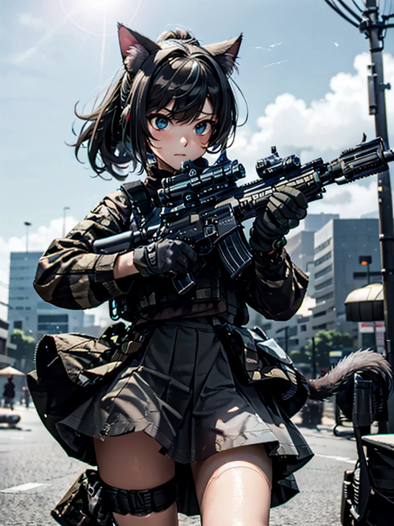 masterpiece, high quality, Feeling unwell, Cinema Lighting, Front camera angle, A ruined metropolis, A high school girl standing on the ground holding an assault rifle (M16), beautiful girl, Invincible Smile, Good style , short hair, Cleavage, Short sailor suit, Tartan mini skirt, Dynamic pose,