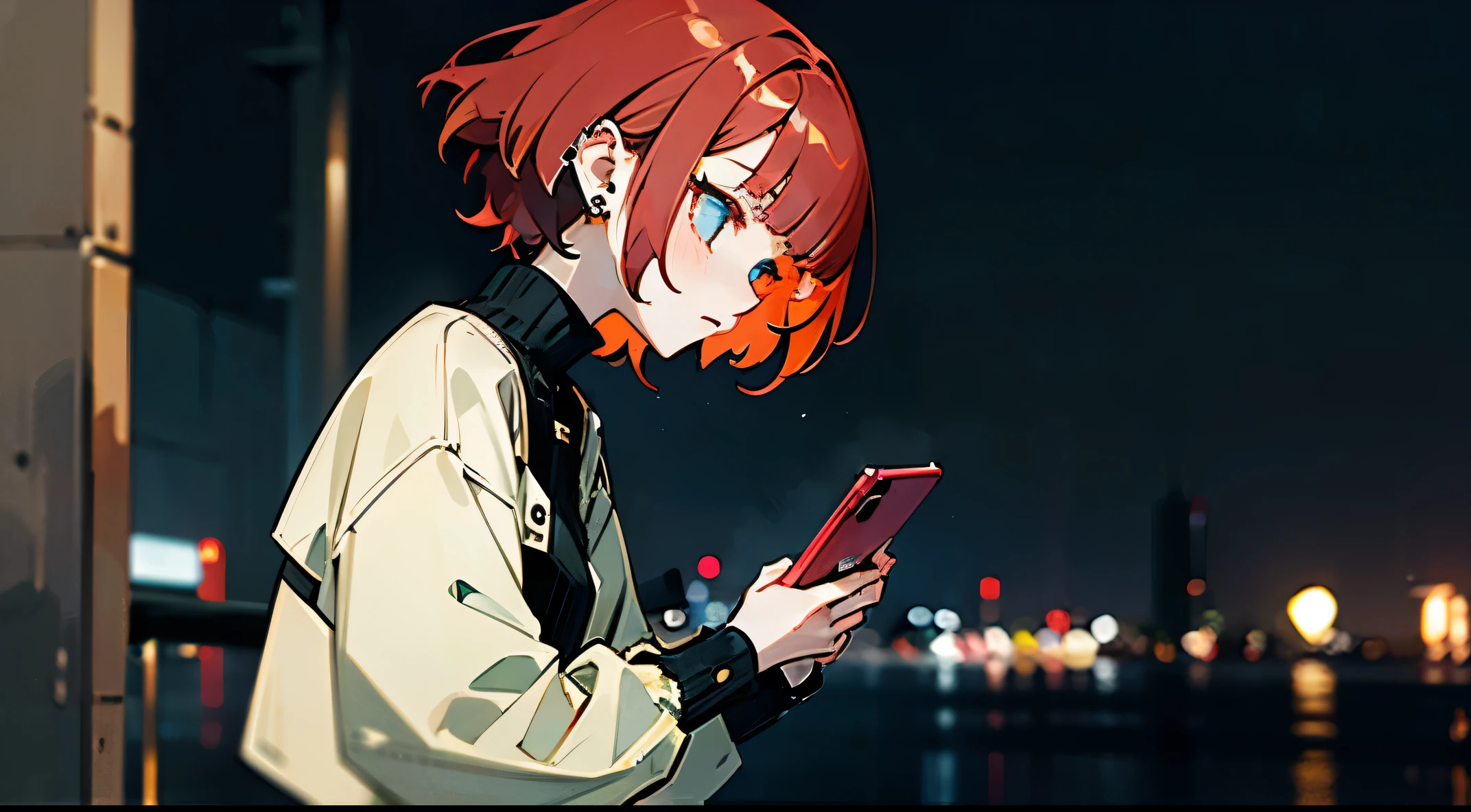 masterpiece,Highest quality,A girl with short red hair and a gloomy face looking down while operating a smartphone,Modern anime girl,Punk Fashion,Multiple Piercings,(An empty park at night:1.3)