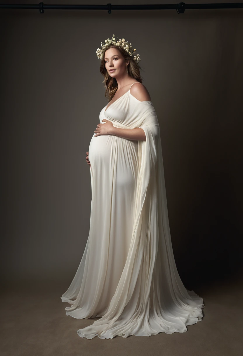 pregnant woman in a flowing dress posing for a picture, cover shot, “hyper realistic, cover. photo : david roemer, flowing gown, soft elegant gown, draped in flowing fabric, award winning studio photo, endless flowing ethereal drapery, beautiful gown, ellie victoria gale, gown, award winning fashion photo, cait miers, monia merlo