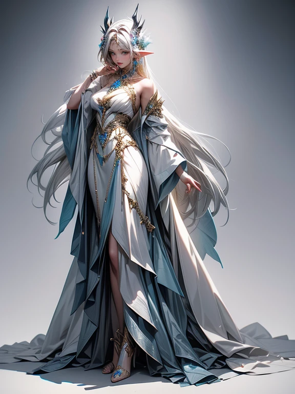 (anime face) (complex clothing details) (best quality) (masterpiece) female adult elf with dark blonde hair wearing a beautiful glowing dress with demonic Accessoires and gemstones and silver armor details, wearing a beautiful glowing dress with demonic Accessoires and gemstones and black silver armor details, demon horns, purple armor, full body, wizard dress, elven dress, female adult elf with dark blonde hair wearing a beautiful glowing dress with demonic Accessoires and gemstones and silver armor details