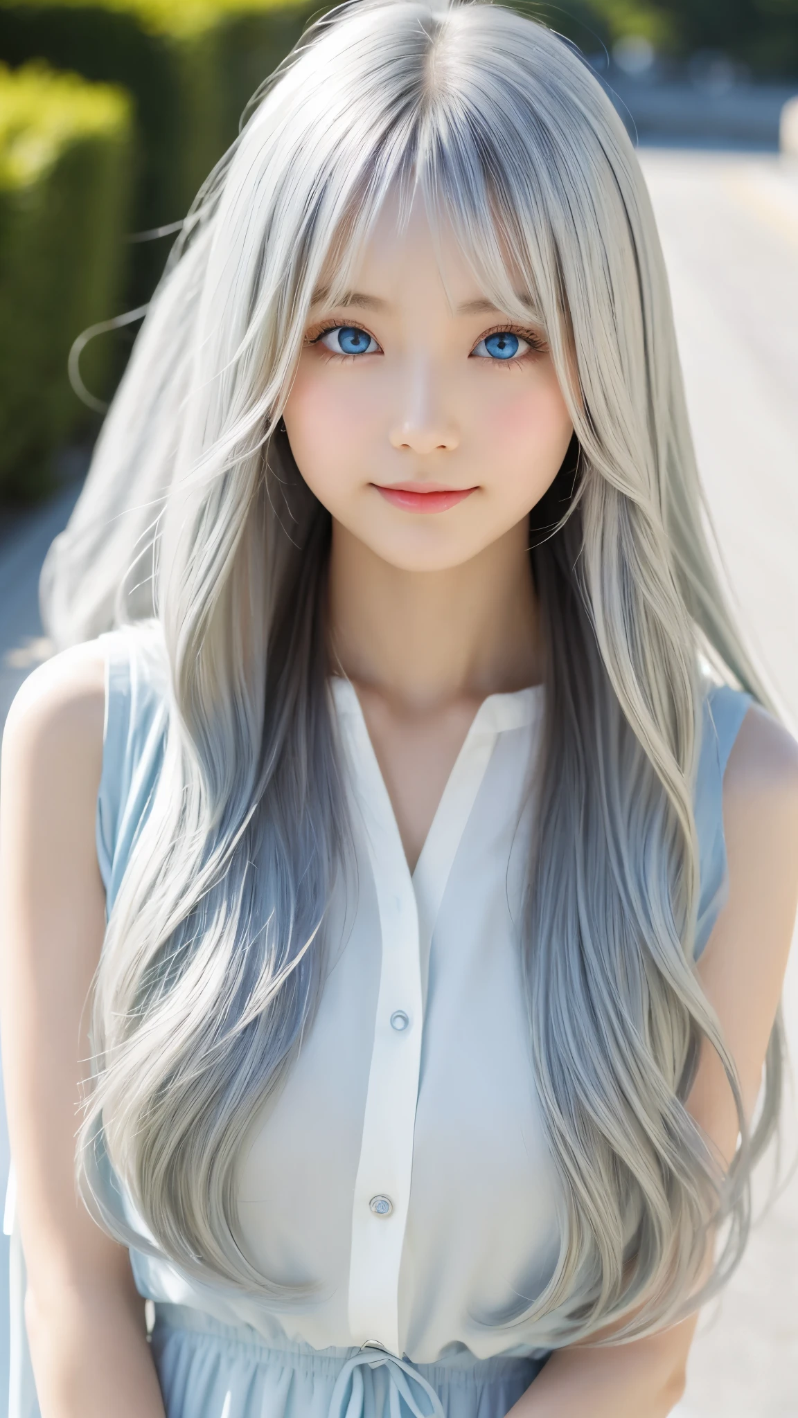Shining, clear, white skin、Her windblown silver hair hides her beautiful face.、huge、Sexy beautiful face of 28 years old、Beautiful straight hair that stands out、growing up, Sparkling light blue eyes、Sexy long silky bangs covering the eyes, Sexy young woman with super long hair hiding her sexy face、Shining hair