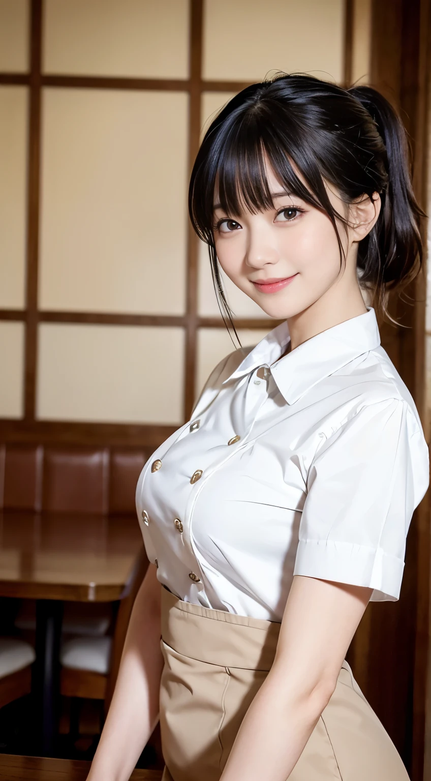 (highest quality,masterpiece:1.3,Ultra-high resolution,),(Very detailed,Caustics),(Photorealistic:1.4,RAW shooting,)Ultra-Realistic Capture,Very detailed,High resolution 16K human skin closeup。 Natural skin texture、,Pores、、、、It must be detailed enough to be easily identifiable。 Skin tone is even and healthy looking。 Use natural light and color,restaurant,Waitress Uniform,1 girl,Japanese,18-year-old,cute,Black-haired,ponytail,Big Breasts,smile,Turn your body forward,(Front view:1.1),Looking at the camera,Cowboy Shot,