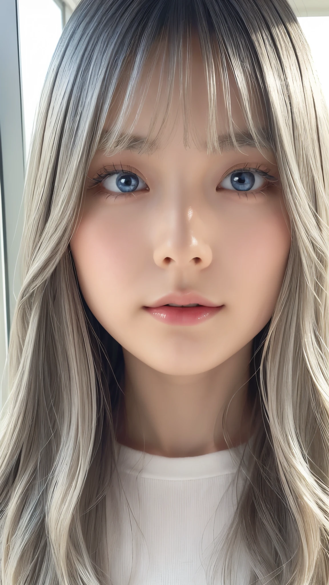 Shining, clear, white skin、Her windblown silver hair hides her beautiful face.、huge、Sexy beautiful face of 28 years old、Beautiful straight hair that stands out、growing up, Sparkling light blue eyes、Sexy long silky bangs covering the eyes, Sexy young woman with super long hair hiding her sexy face、Shining  hair