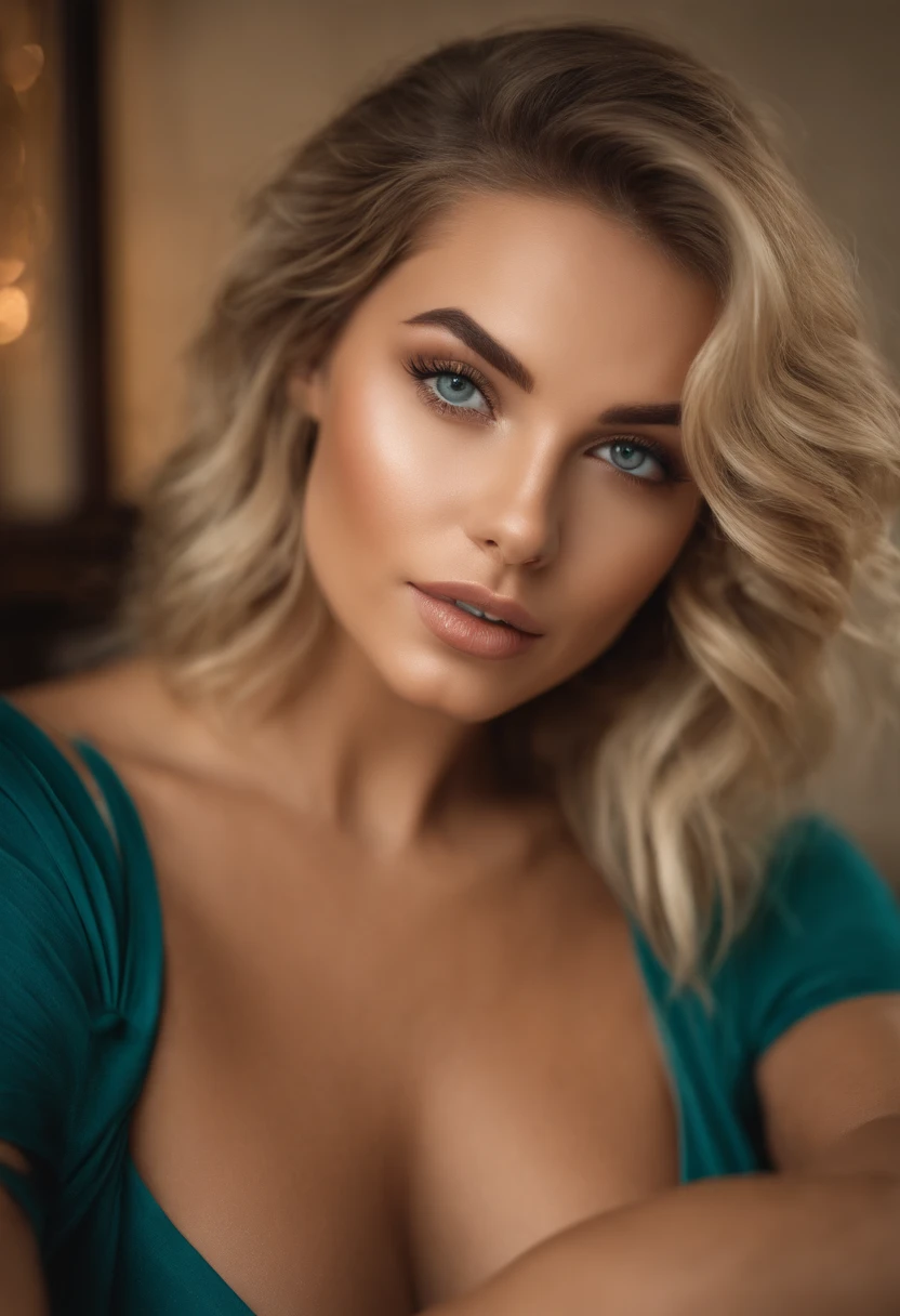 Arafed woman completely , fille sexy aux yeux verts, ultra realistic, Meticulously detailed, cheveux blonds et yeux en amandes, selfie d'une jeune femme, , sans maquillage, maquillage naturel, ne regarde pas la camera, Visage avec Artgram, Maquillage subtil, Superbe photo de tout le corps aassise sur un canapé en tee shirt et legging les jambes croisées regard joueuse