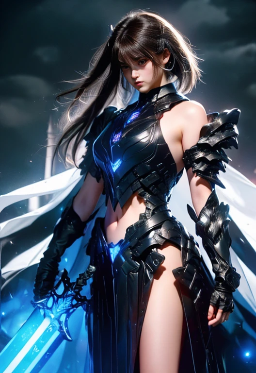 a ultra beautiful girl, with a black techno fantasy armor and a great sword in the back, cute, 12k, uhd, photorealistic,  red lights decourations, black short hairs, ((european white race)), (ultra beautiful gorgeous realistic), naked belly and (naked arms)