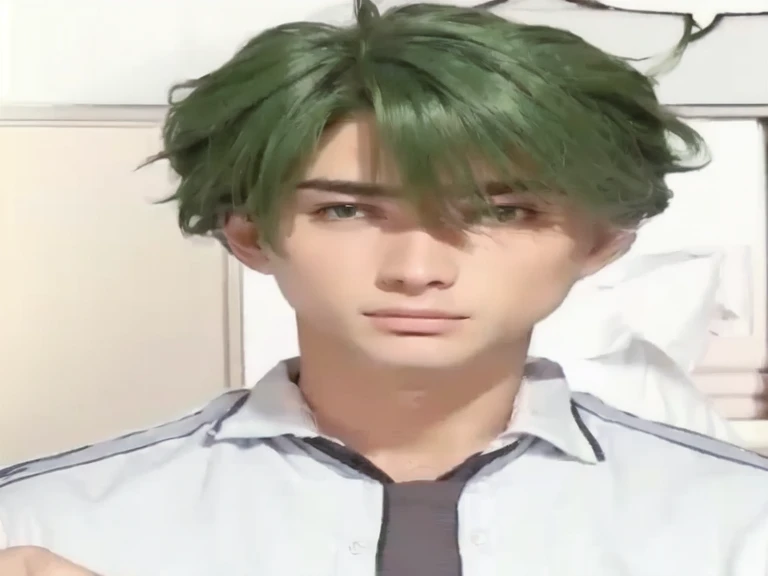 Man, handsome, green eyes and hair, realistic clothes, detail clothes, ultra detail, realistic