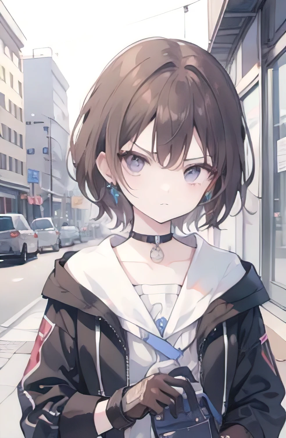 1girl,anime_coloring,black_eyes,black_gloves,brown_hair,choker,earrings,gloves,jewelry,mailbox,parody,short hair,angry,solo,style_parody,,