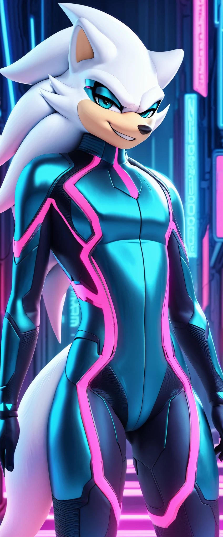 (((masterpiece:1.5, 4K, 8K))), a (((full body))) high quality digitally drawn rendered image ((by SEGA)) of A solo male anthro ((silver—white hedgehog)), with glowing blue eyes, ((metallic blue eyeliner:1.5)), (((tan muzzle))), wearing a (((sci-fi bodysuit))) stands in a neon-lit cyberpunk city The android's bodysuit is adorned with (((teal coloring:1.5))) with (((neon pink accents))), and intricate android seams, creating a futuristic look. the android has a seductive smirk on his face