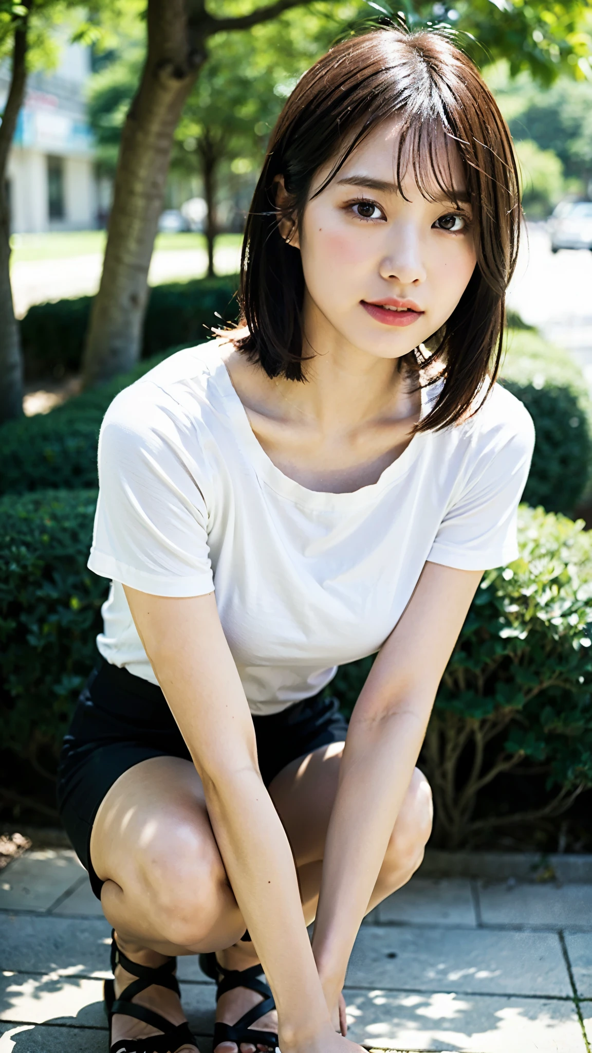 (best quality,8k,32k,masterpiece,uhd:1.2),photo of pretty japanese woman,black short hair,beautiful detailed face,leaning forward:1.3,squatting,from above:1.2,close up:1.4,pov,loose t-shirt,large breasts,beautiful nipple slip:0.9,outdoors,windy,shiny skin,blurry background