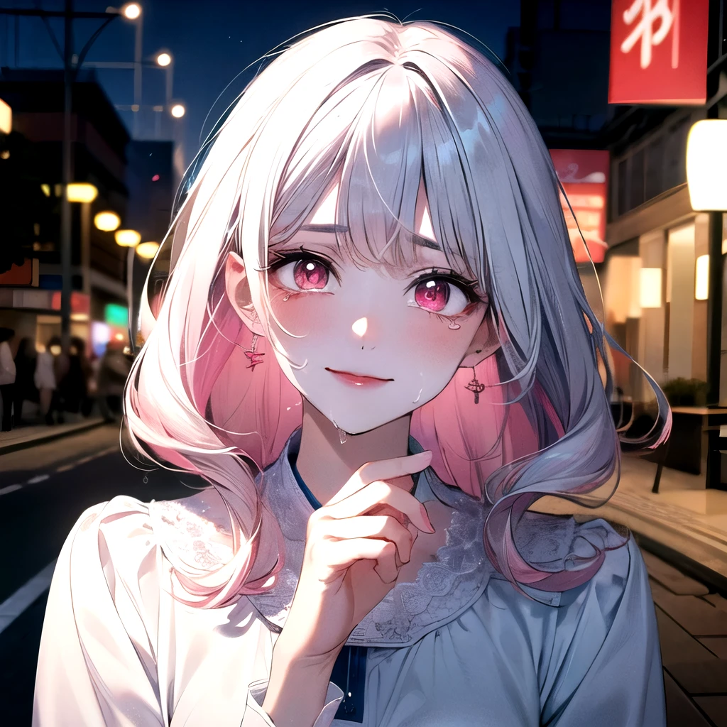 ((best quality)), ((masterpiece)), (detailed), perfect face. Asian girl. White hair. Pink eyes. Inner pink hair. Glowing eyes. Crying. Smile. Look behind. White clothes. Street.