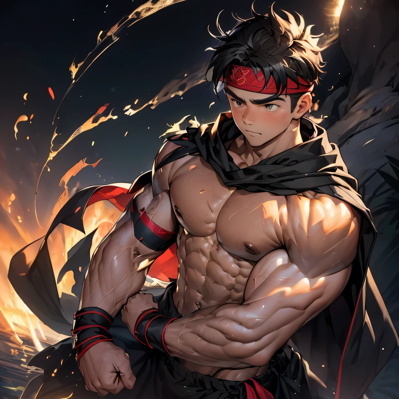 (Masterpiece, Best quality 19 year old boy, black background, looking away), solo, Young, boy, muscler, Shirtless, , (Dark Short straight hair, under cut, brown eyes), (red headband, ((black wristband, blown long cloak!!!))), Vivid colors, (hot Abs:1.2, abs!, big abs, big :1.2, !, muscler upper arms), ( male), muscler!, muscler, muscler body, (aura power:1.4), detailed face, detailed muscle, (((A magical mystical aura, rippling muscles, fighting pose)))