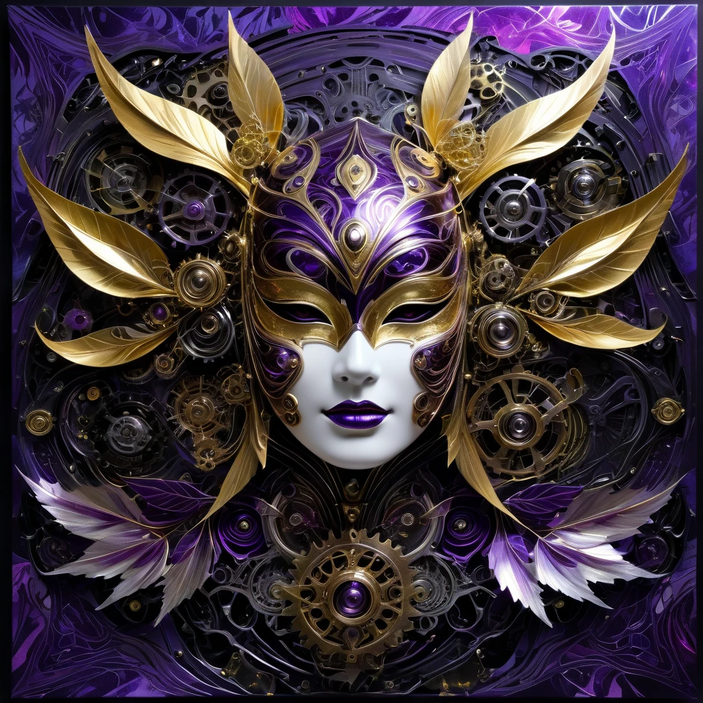 Folded paper artwork collage mixing glossy purple, gold, and silver foil textures, abstract fractal designs inspired by Commedia dell'arte and Venetian masks, echoing the styles of Philippe Vignal and Takato Yamamoto, juxtaposes allure with unease, neon glow illuminating the scene, intertwined with abstract black oil brushstrokes, mechanical gears with a mecha aesthetic, painted with meticulous. High Resolution, High Quality, Masterpiece